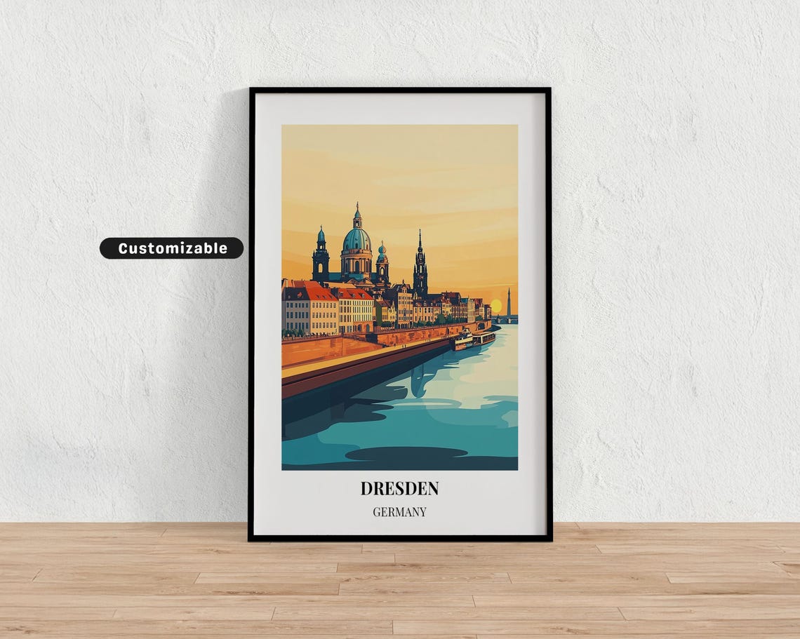 Dresden Germany Sunset Poster with Frauenkirche and Elbe River View