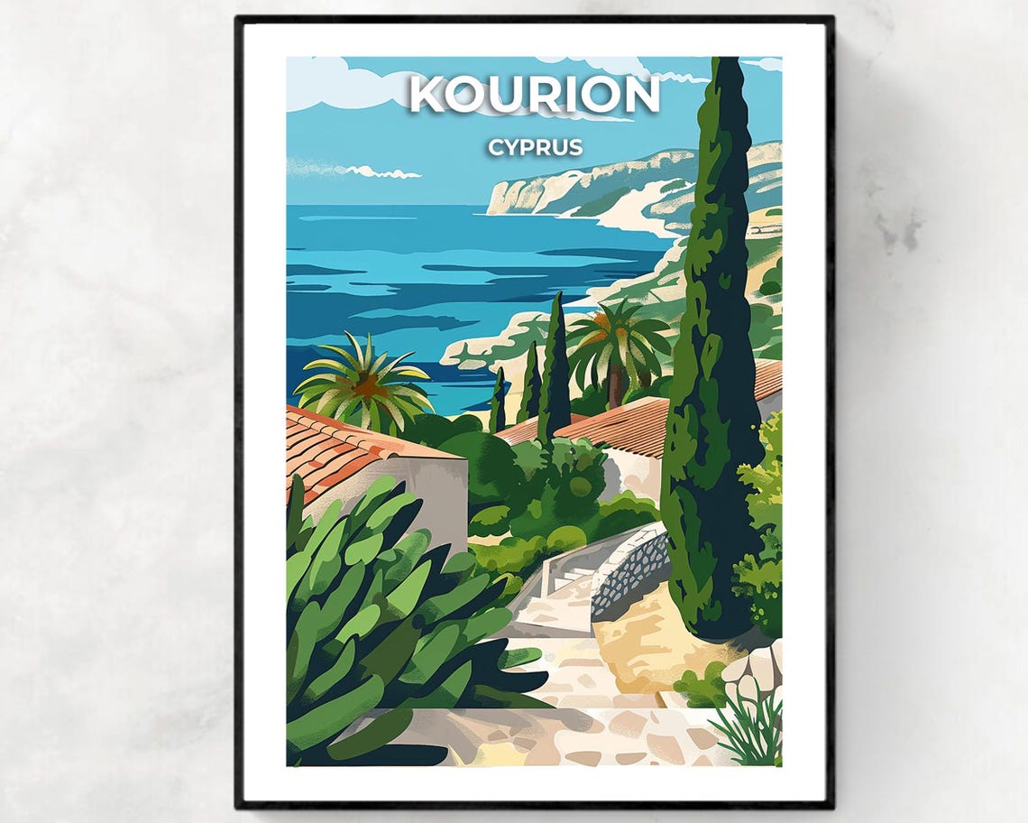 Kourion Cyprus Coastal Cliffs Poster with Cypress Trees and Stairs