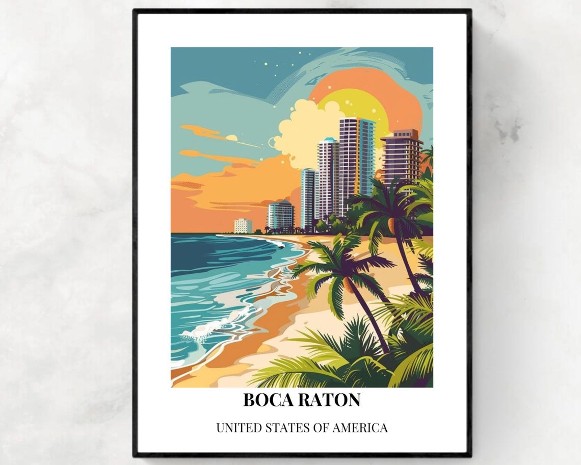 Boca Raton Beachfront Sunset High Rises Tropical Travel Poster