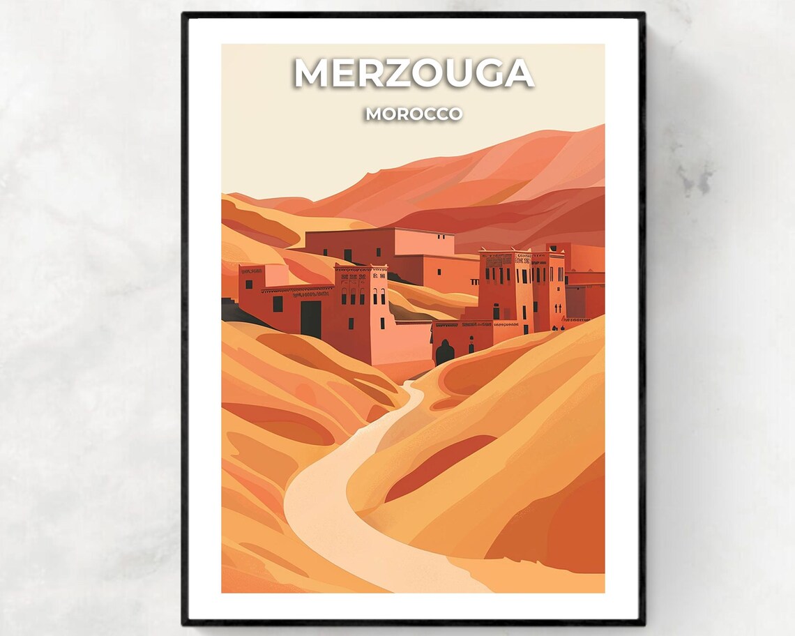 Merzouga Morocco Erg Chebbi Desert Dunes Kasbah Travel Poster