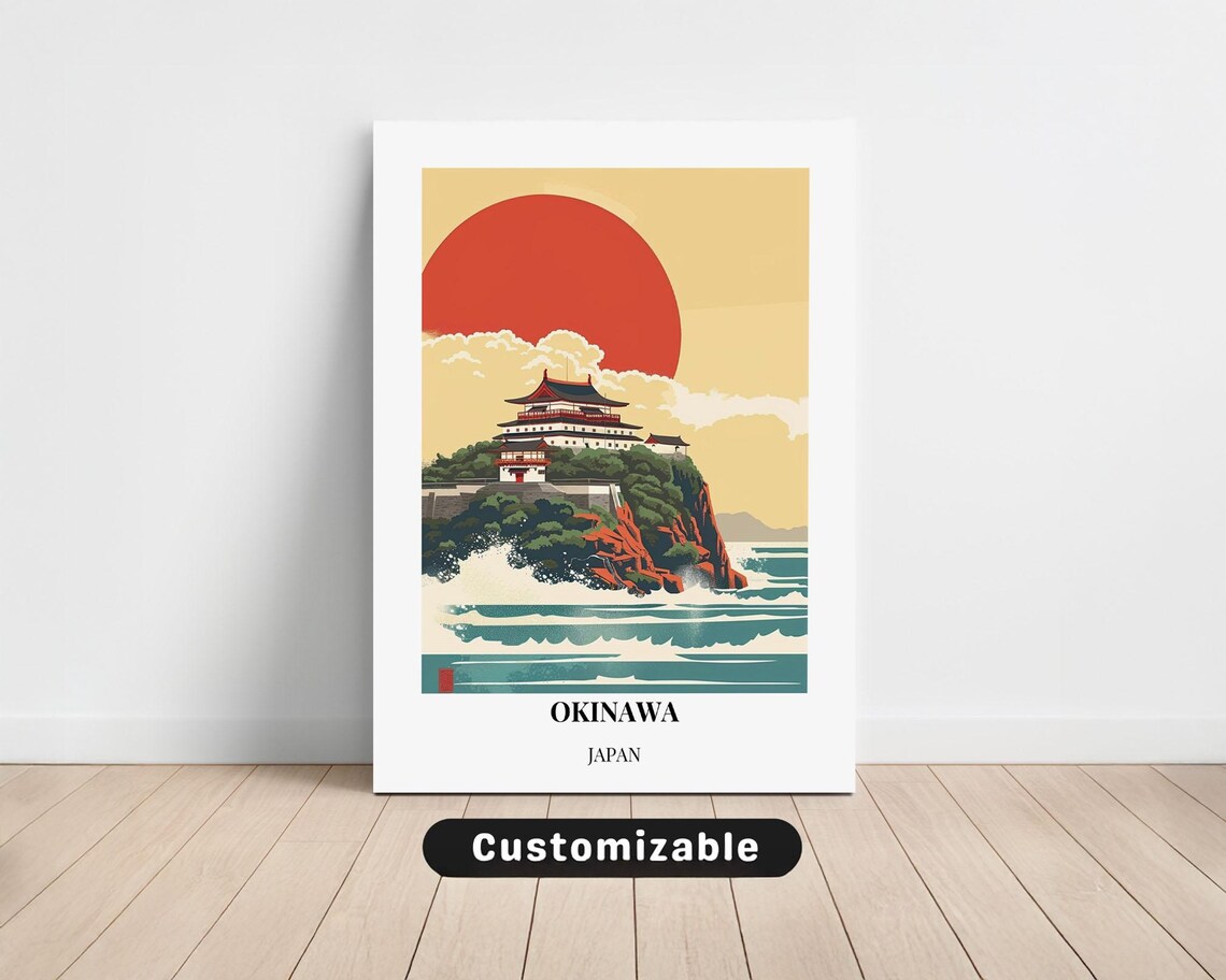 Okinawa Japan Castle Cliff Travel Poster Red Sun Retro Style