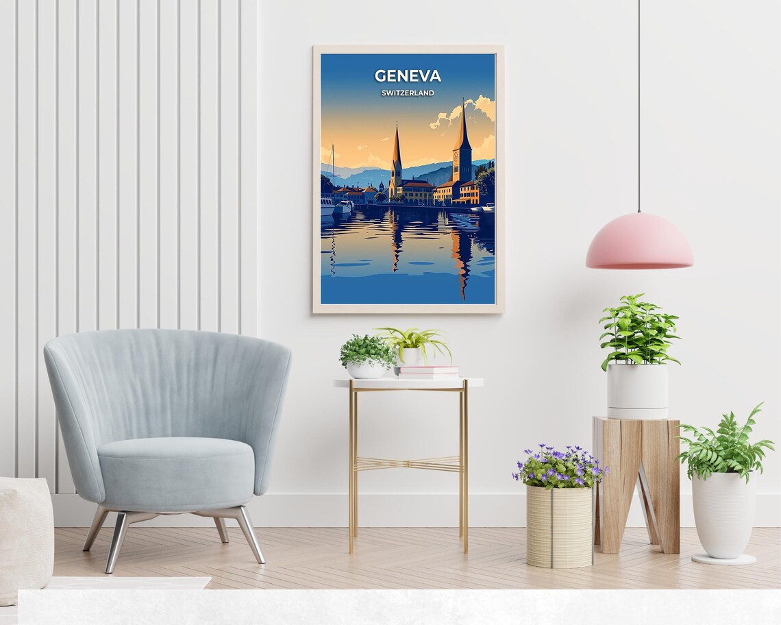 Geneva Switzerland Twin Church Spires Lake Sunset Reflection Poster - Image 2