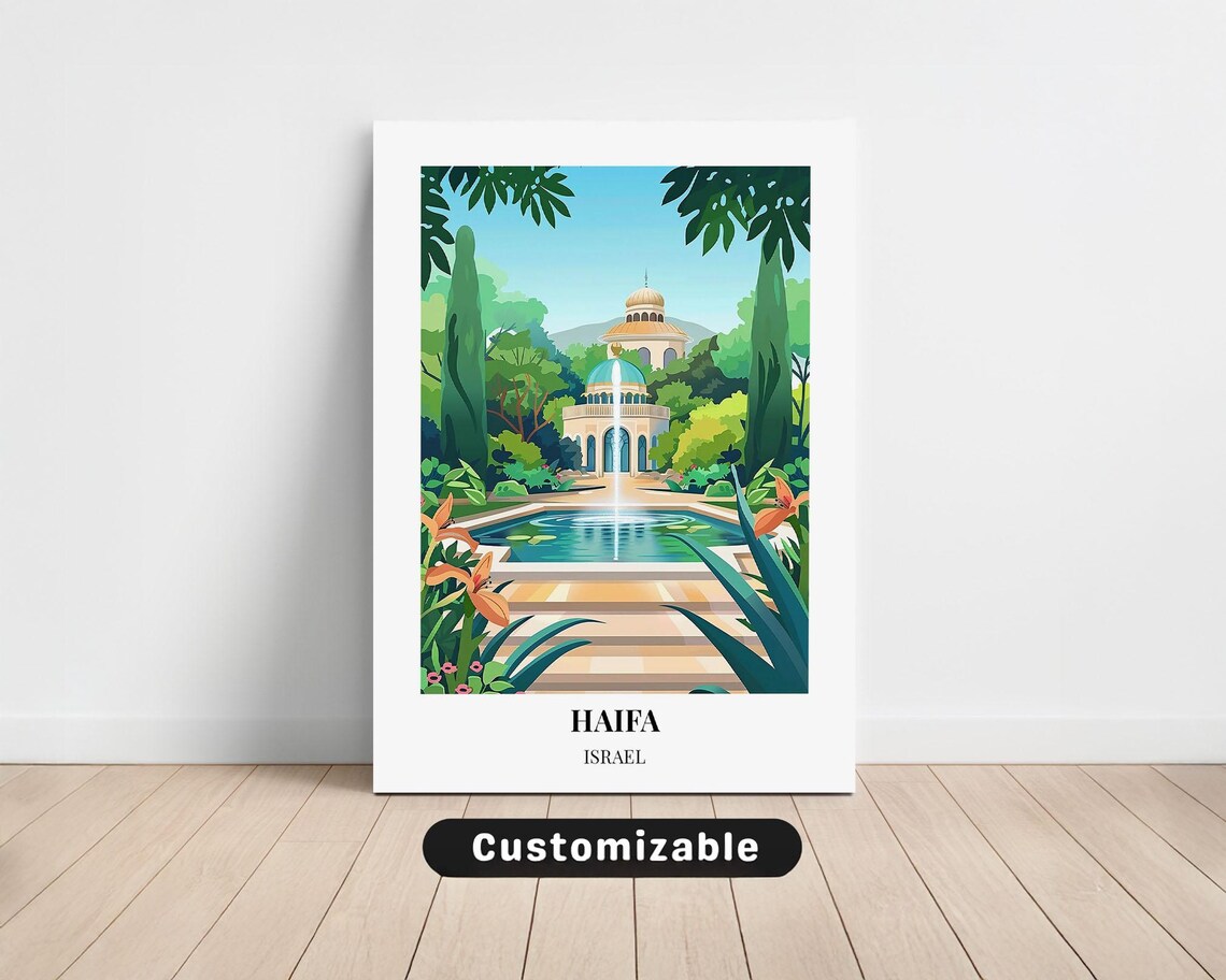 Haifa Israel Travel Poster Domed Shrine Formal Gardens Fountain View