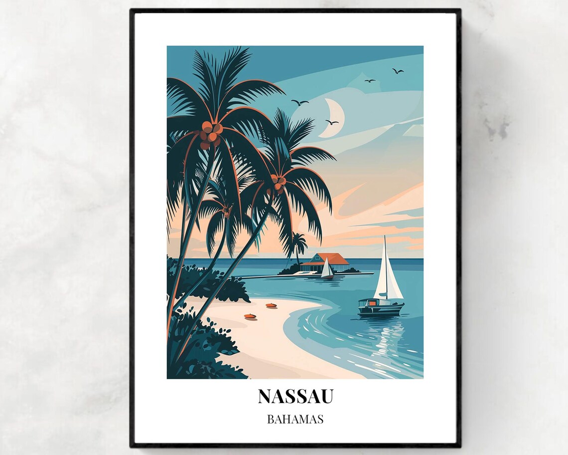 Nassau Bahamas Sailboat at Dusk Beach Illustrated Travel Poster