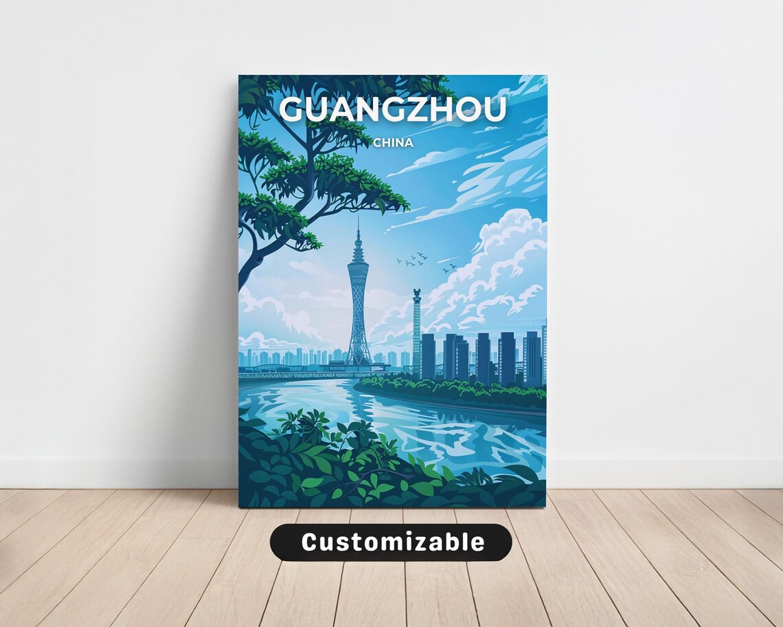 Guangzhou China Travel Poster Canton Tower River Skyline Illustration