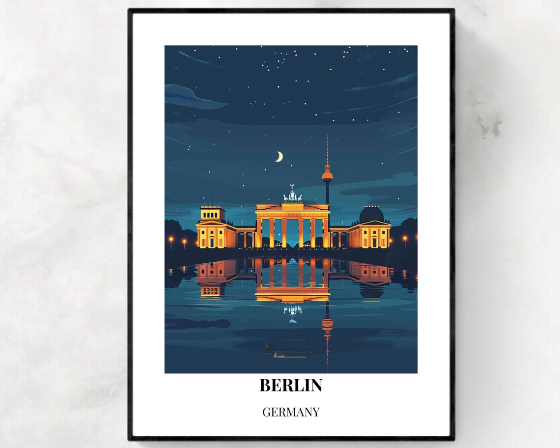 Berlin Night Brandenburg Gate Illuminated Reflection Germany Poster