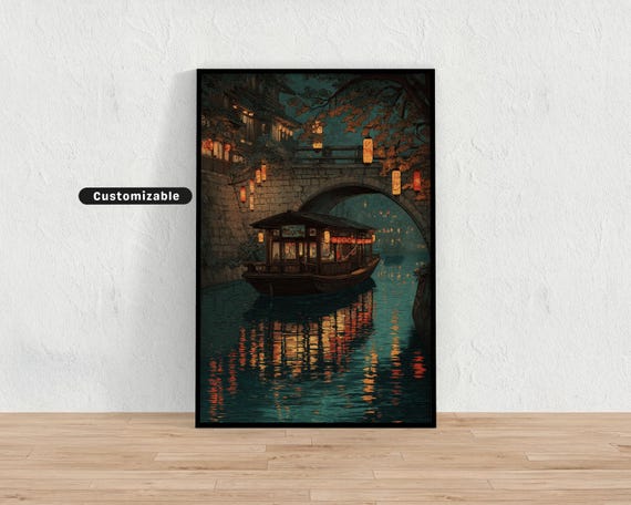 Old Japanese Boat On Quiet River With Reflection Of Lanterns Wall Art Print Zen Asian Decor