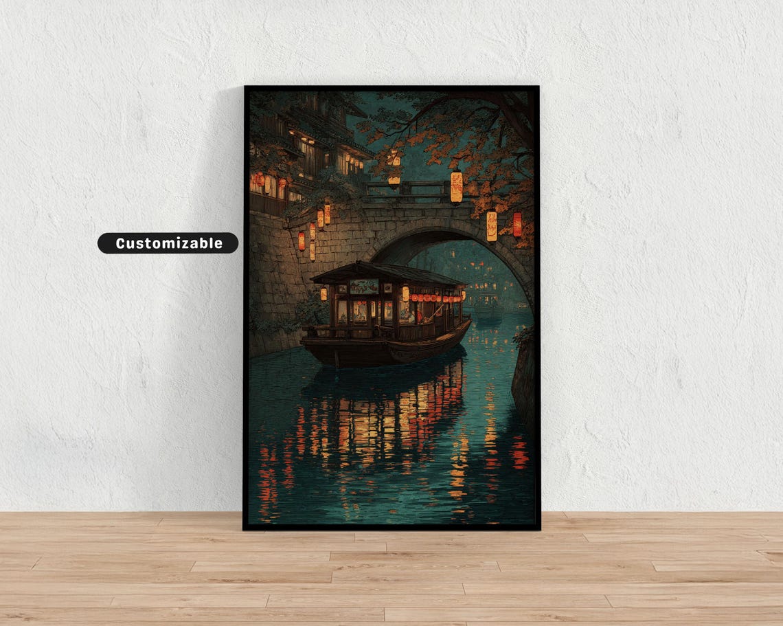 Old Japanese Boat On Quiet River With Reflection Of Lanterns Wall Art Print Zen Asian Decor