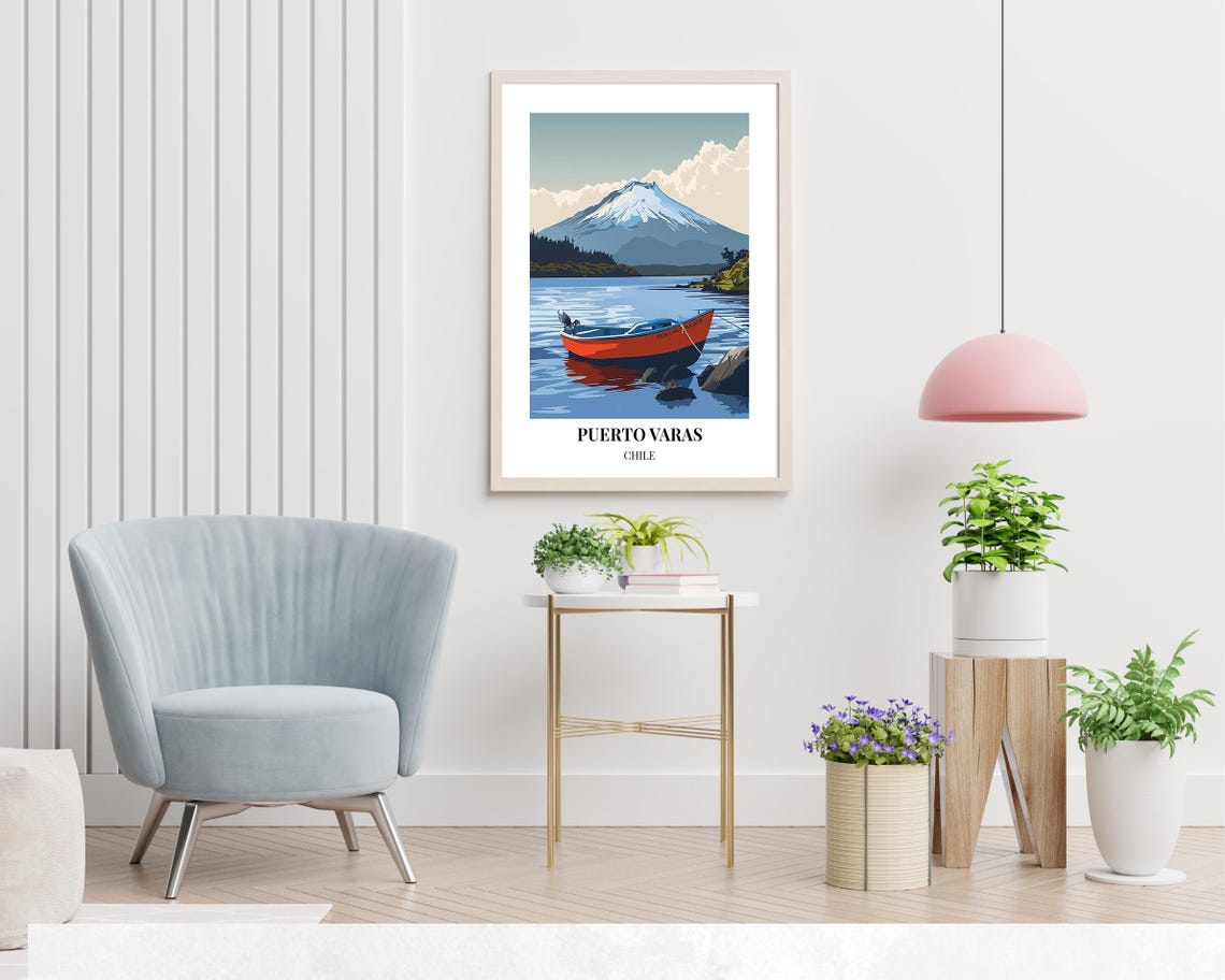 Puerto Varas Chile Red Rowboat on Calm Lake With Volcano Poster - Image 2