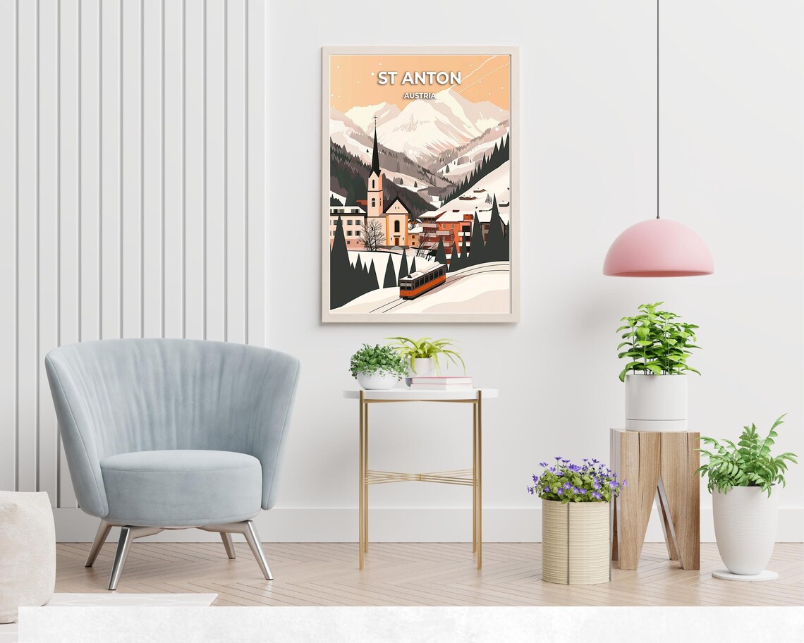 St Anton Austria Snowy Alpine Village Church Tram Scene Poster - Image 2