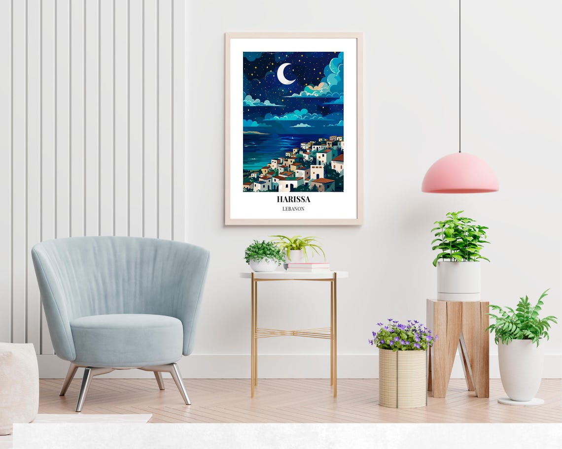 Harissa Lebanon Moonlit Coast Town Starry Night Travel Poster - Image 2