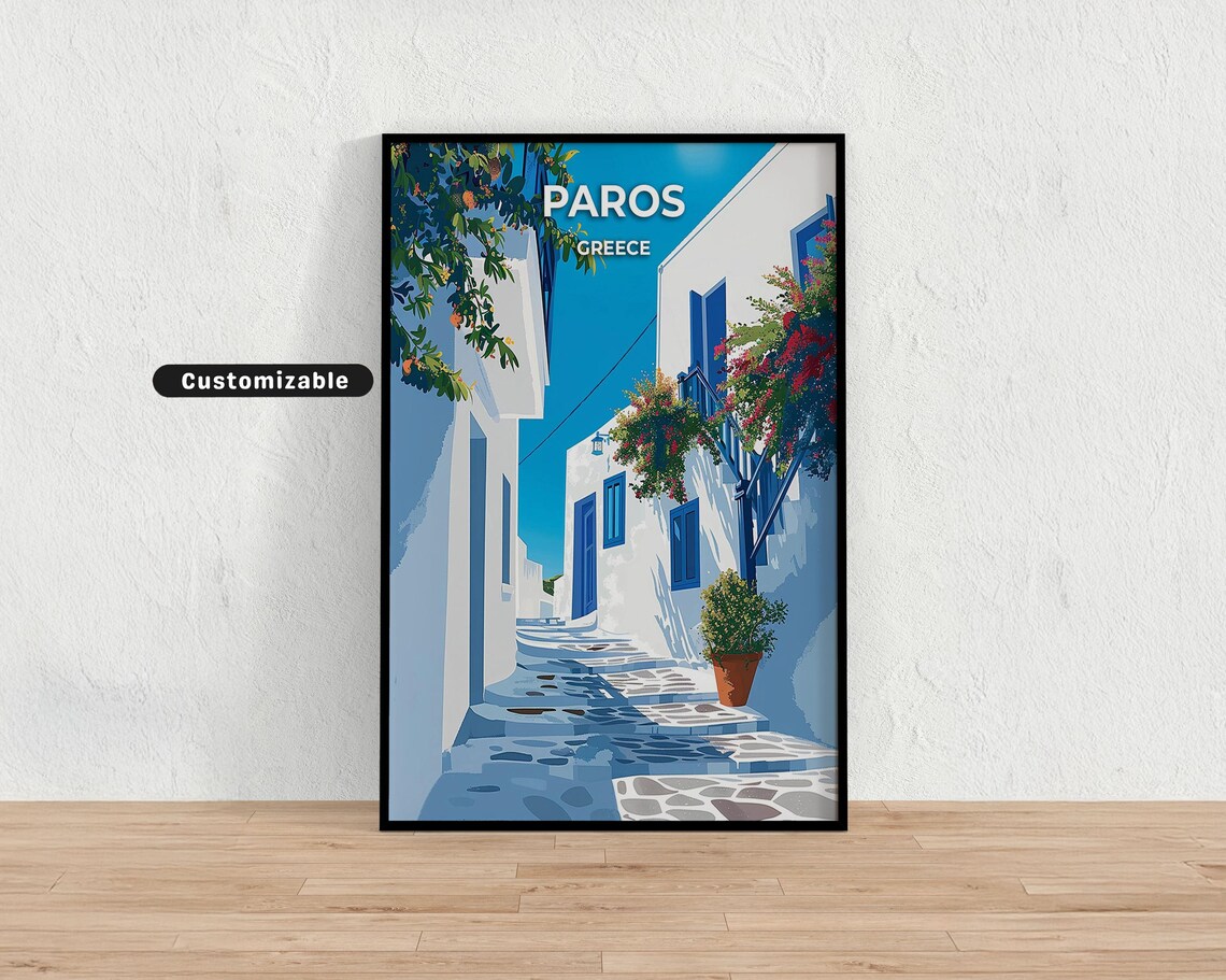 Paros Greece Whitewashed Alley Blue Shutters Illustrated Travel Poster