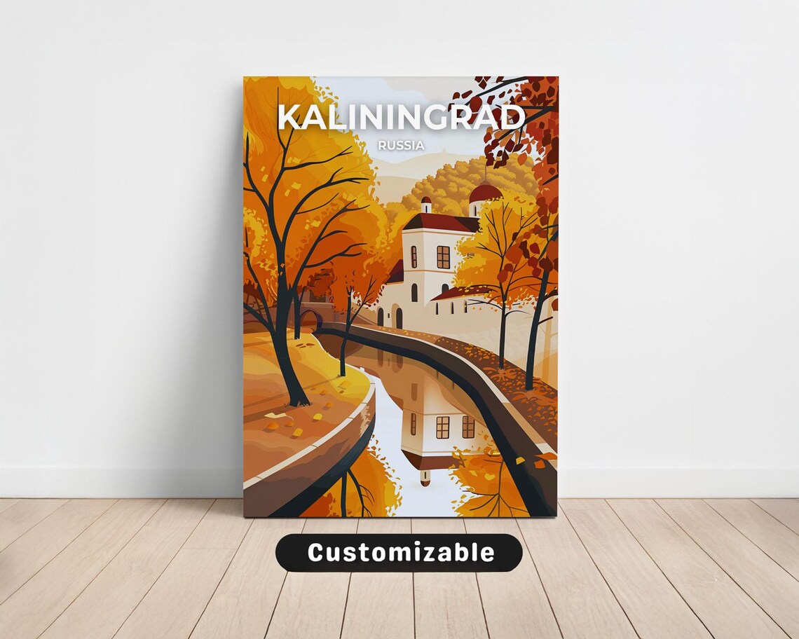Kaliningrad Russia Autumn Canal Onion Dome Retro Travel Poster