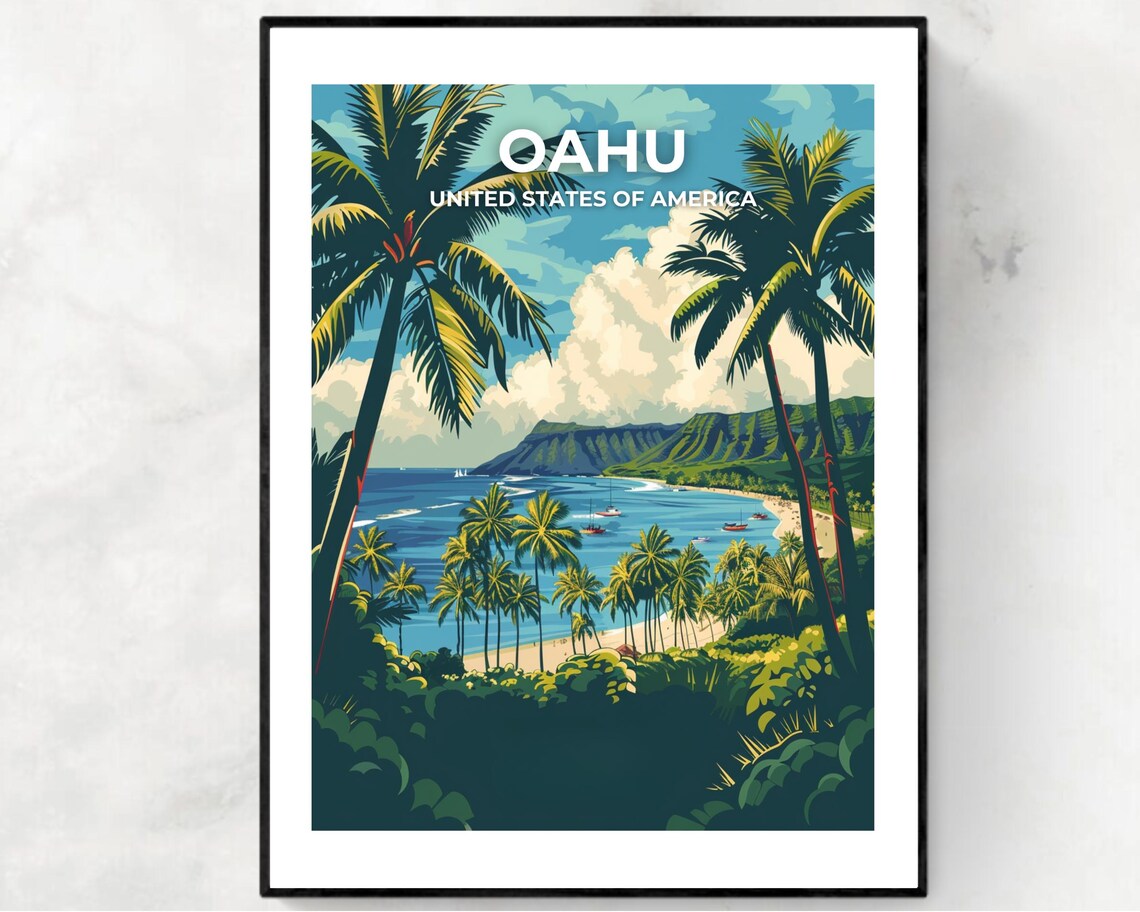 Oahu Hawaii Beach Vintage Travel Poster with Title at the Top