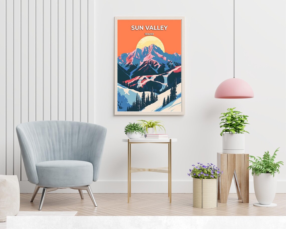 Sun Valley Idaho Orange Sunset Ski Mountain Peaks Travel Poster Art - Image 2