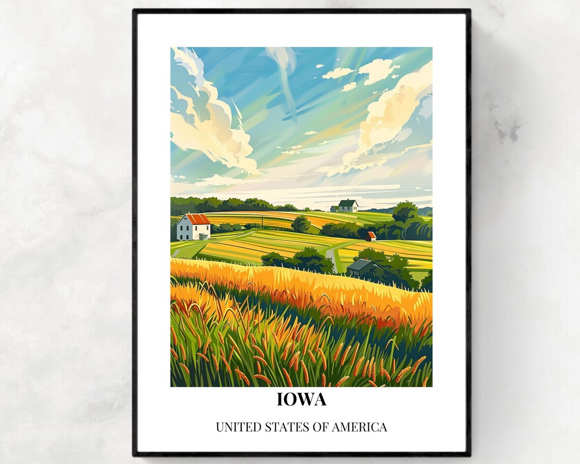 Iowa Golden Wheat Fields Farmhouse Sunny Summer Travel Art Poster