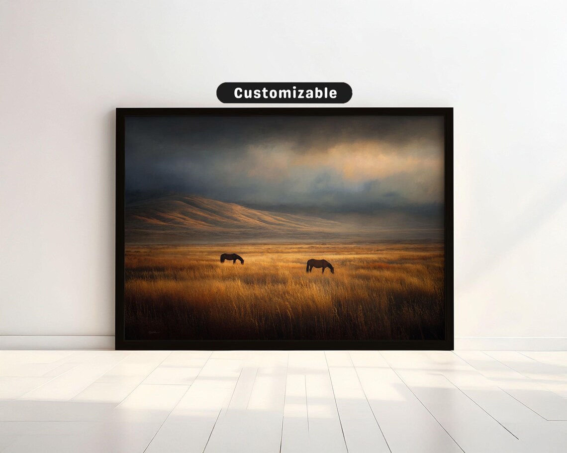 Wild Horses Golden Prairie Poster Grazing Sunset Landscape Photo