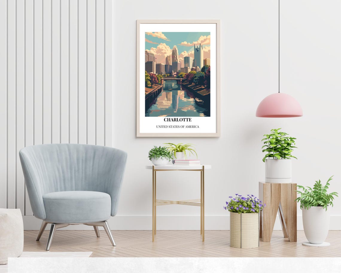 Charlotte North Carolina Skyline River Reflection Travel Poster - Image 2