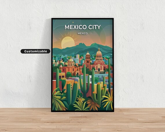 Mexico City Mexico Sunset Cathedral Cacti Vintage Travel Art Poster