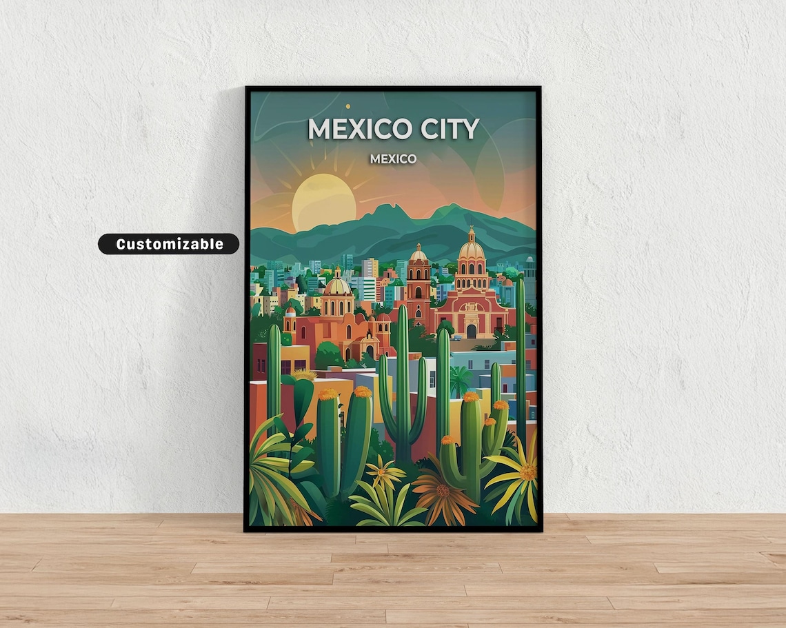 Mexico City Mexico Sunset Cathedral Cacti Vintage Travel Art Poster