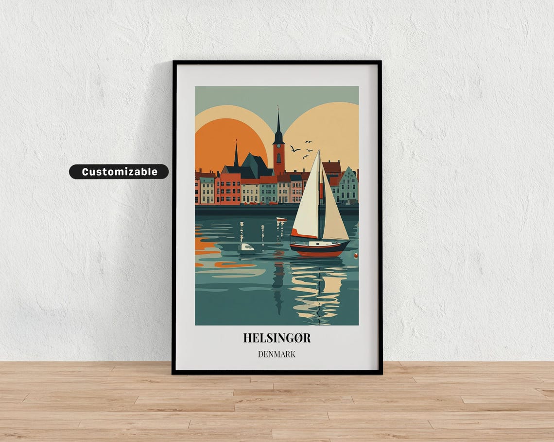 Helsingor Denmark Sunset Sailboat Harbor Town Skyline Travel Poster
