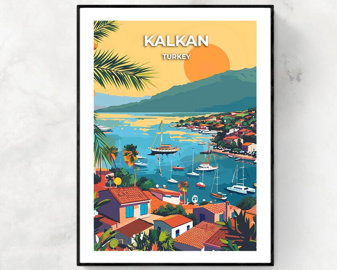 Kalkan Turkey Sunset Harbor Yachts Mountains Vintage Travel Poster