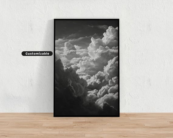 Sky Filled With Layered Cotton Clouds Grayscale Painting Neutral Wall Art Print Minimalist Modern Decor