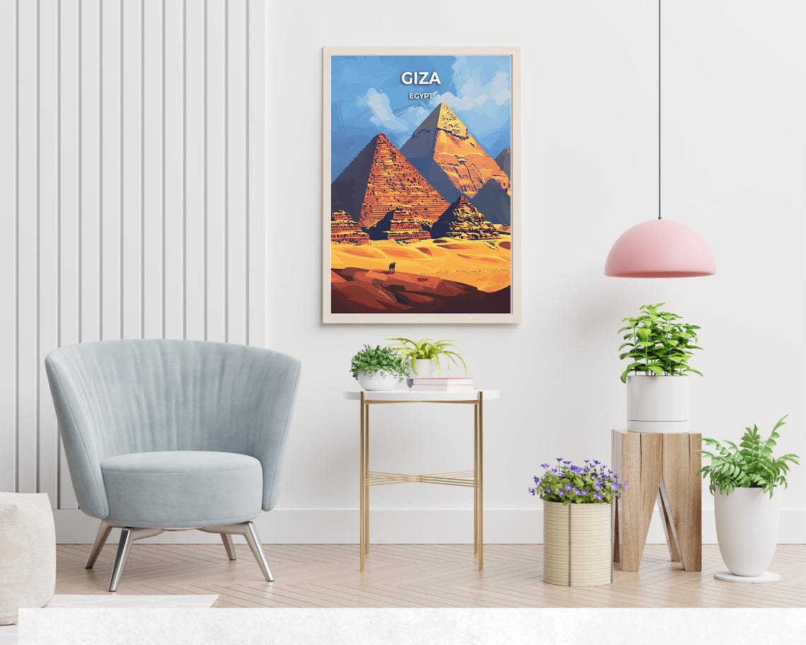 Giza Egypt Golden Pyramids Lone Camel Desert Blue Sky Poster - Image 2