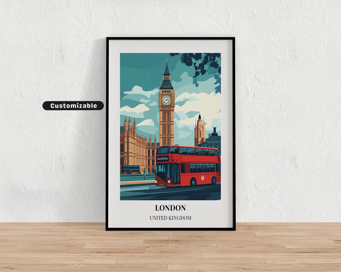 London United Kingdom Big Ben Red Double Decker Bus Travel Poster