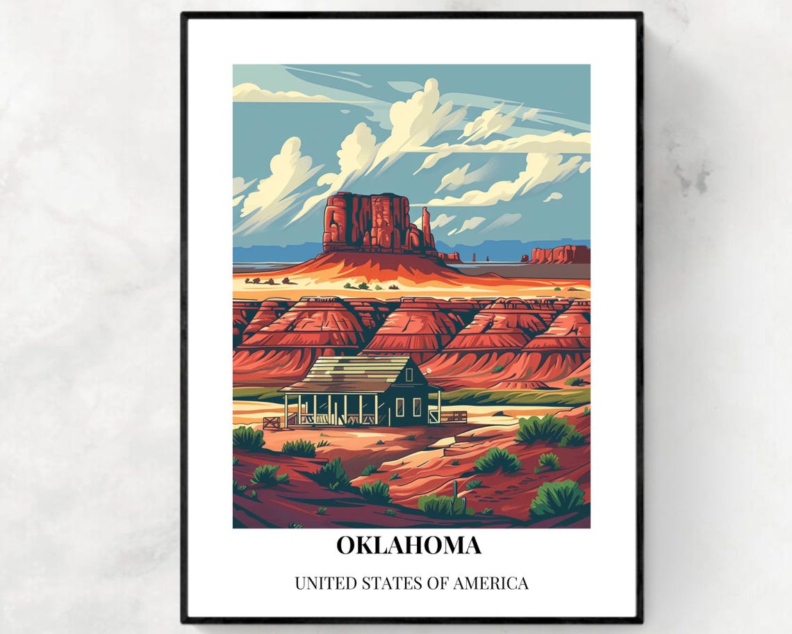 Oklahoma Red Rock Desert Mesa Ranch Cabin Bottom Title Travel Poster