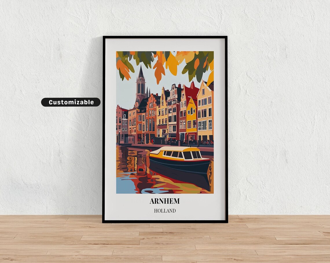Arnhem Holland Canal Boat Autumn River Cityscape Travel Poster