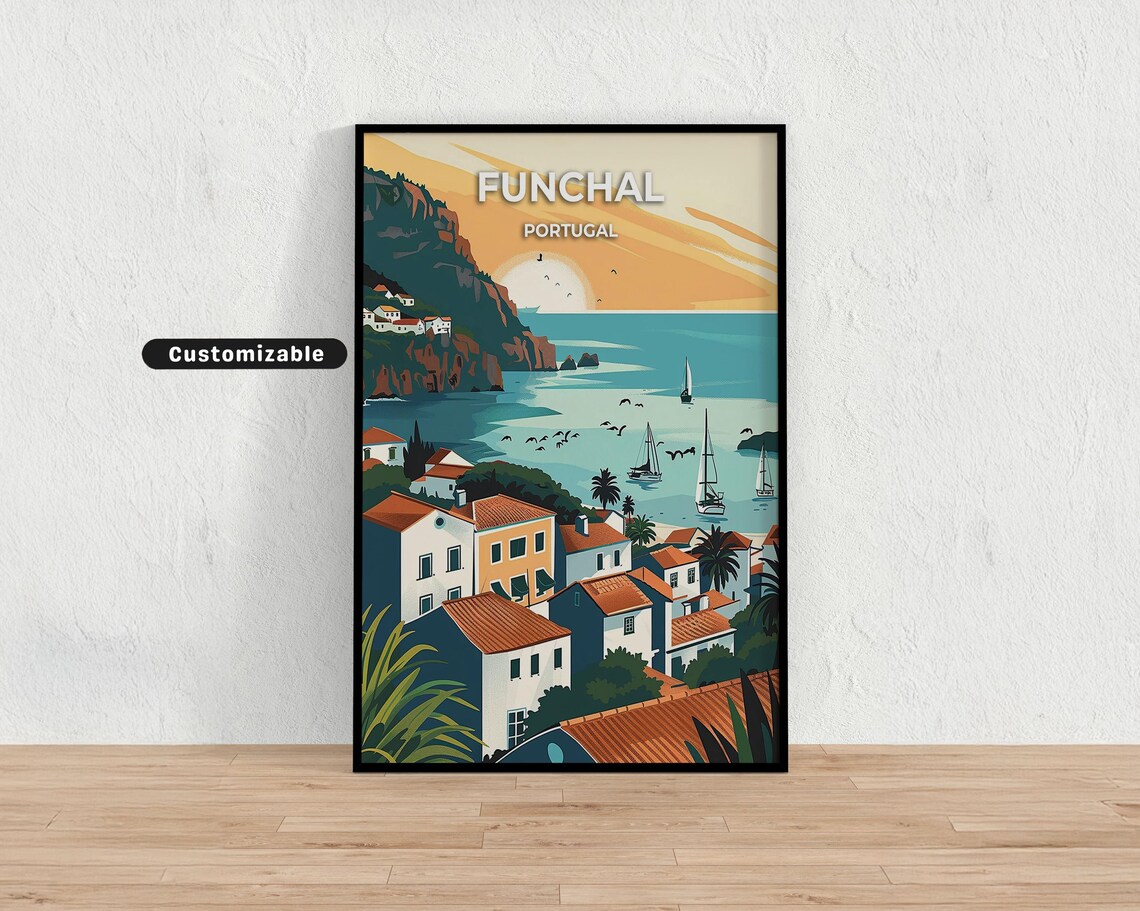 Funchal Portugal Coastal Town Sunset Sailboats Travel Poster