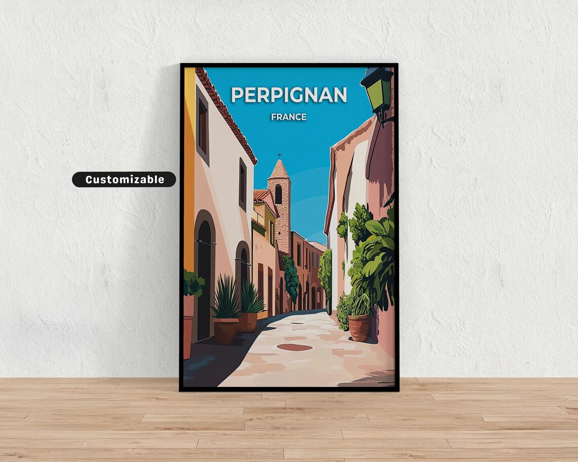 Perpignan France Sunny Village Alley and Bell Tower Travel Poster