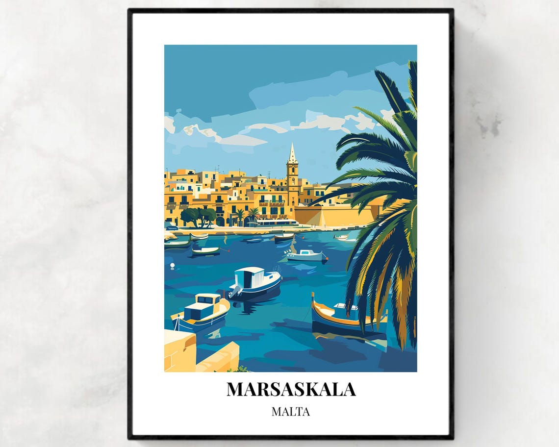 Marsaskala Malta Harbor Palm Trees Fishing Boats Coastal Bay Poster