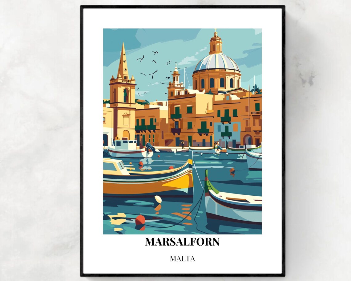 Marsalforn Malta Harbor Fishing Boats Retro Travel Art Poster