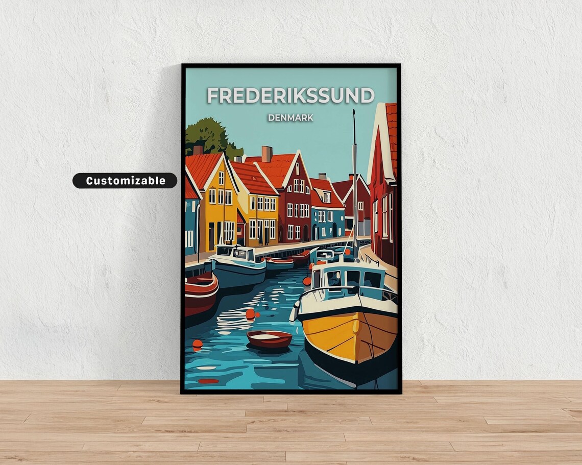 Frederikssund Denmark Harbor Fishing Boats Retro Travel Poster