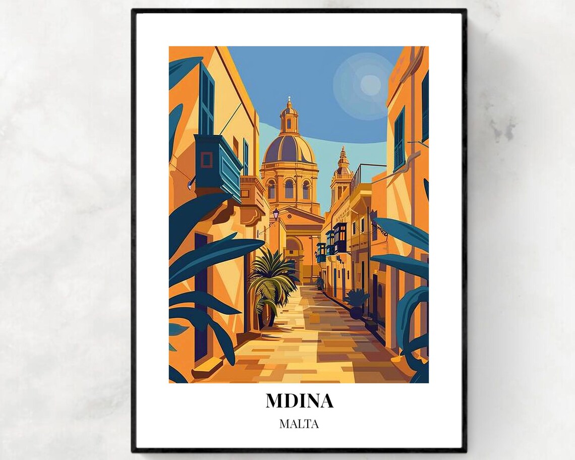 Mdina Malta Silent City Golden Street Cathedral Dome Travel Poster