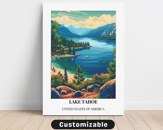 Lake Tahoe USA Pine Forest Shoreline White Border Travel Poster