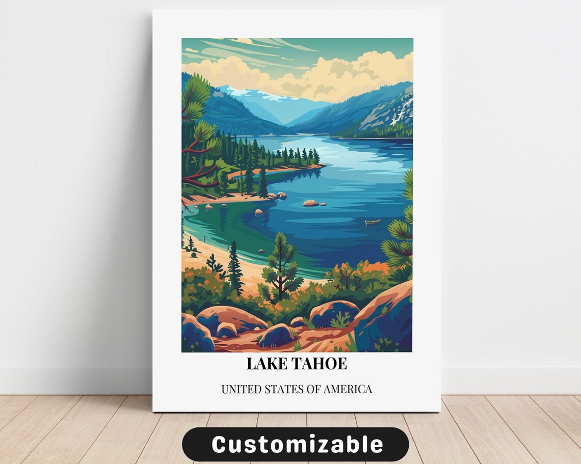 Lake Tahoe USA Pine Forest Shoreline White Border Travel Poster