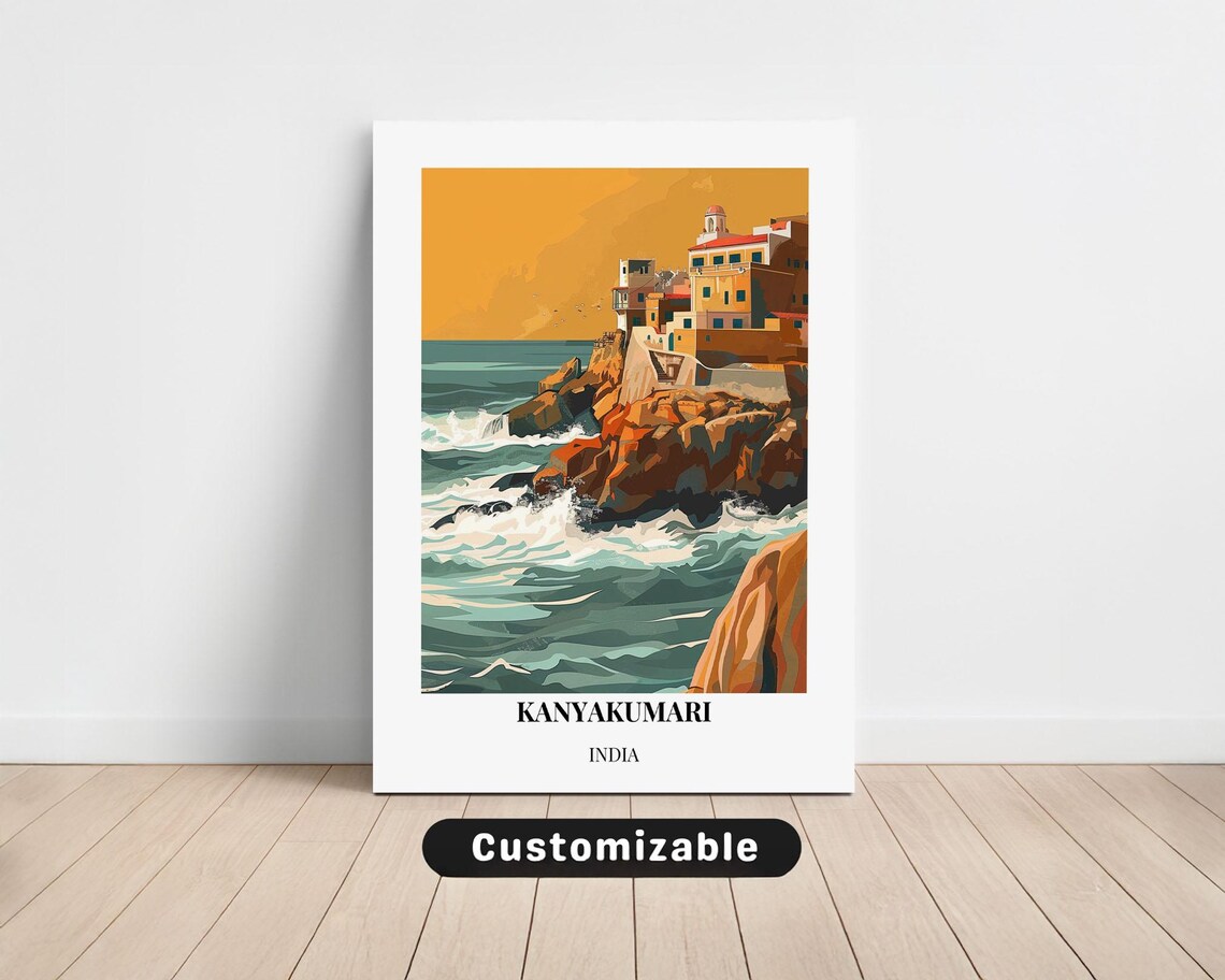 Golden Kanyakumari India Cliff Town Sunset Ocean Travel Poster