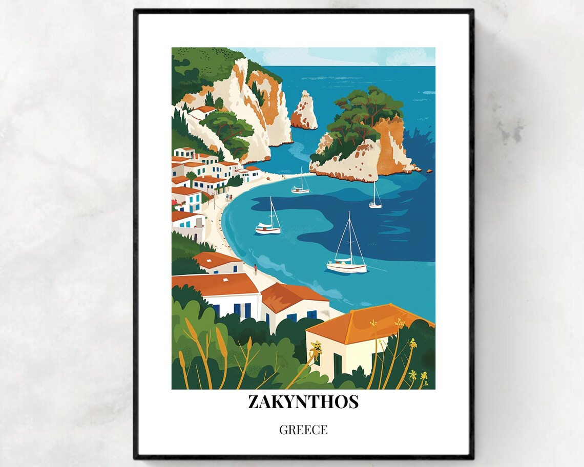 Zakynthos Greece Cliff Cove Sailboats Island Travel Poster Artwork