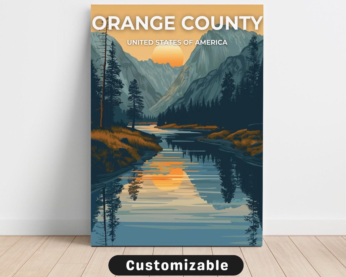 Orange County Mountain Lake Sunset Reflection Retro Travel Poster