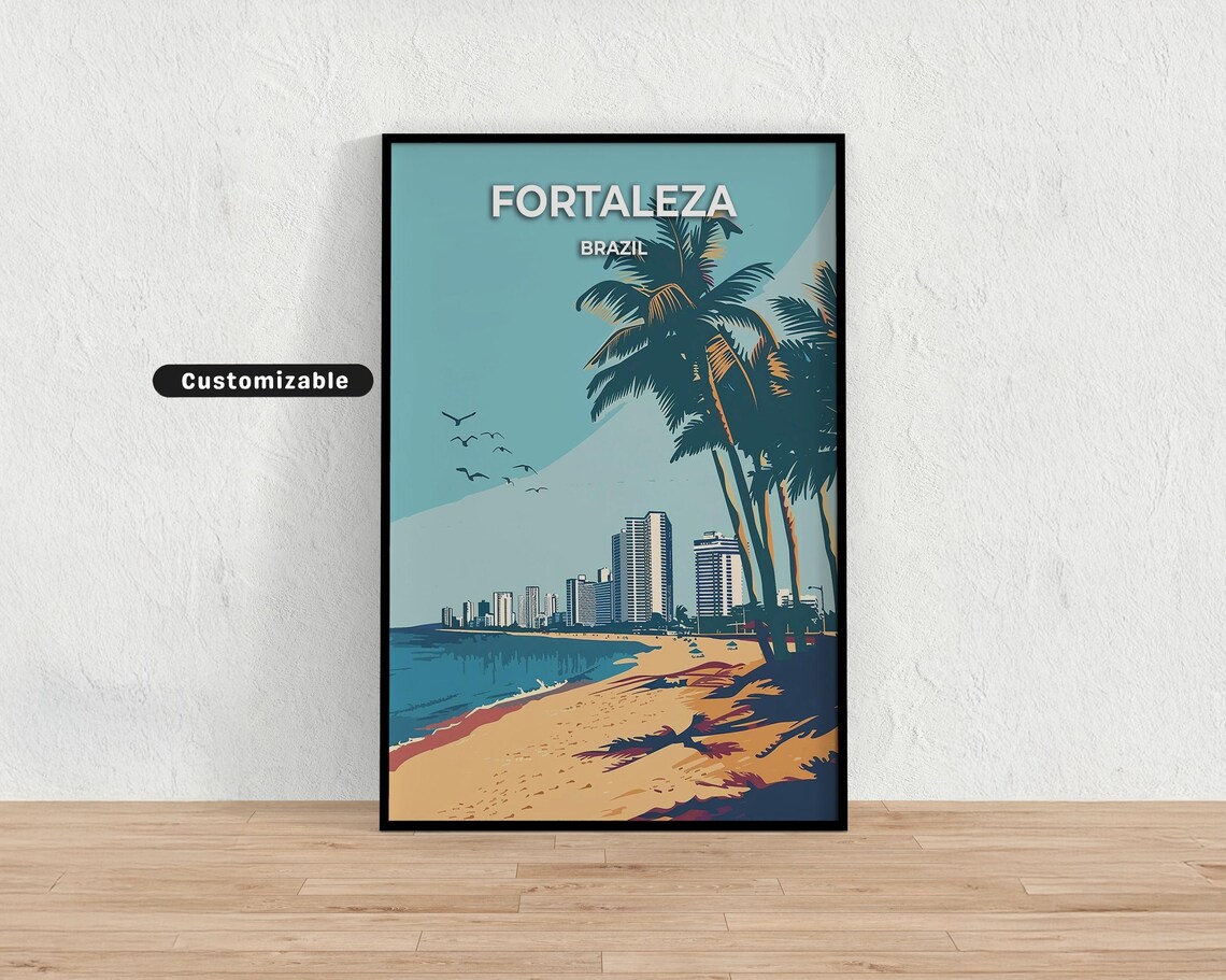 Fortaleza Brazil Beach Palm Vintage Coastal Tropical Travel Poster