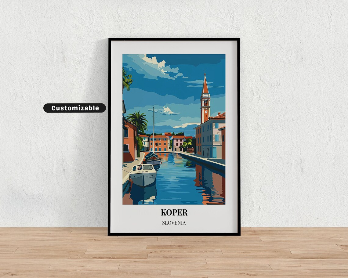 Koper Slovenia Canal Boats Bell Tower Harbor Vintage Travel Poster