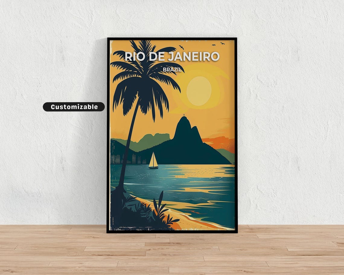 Rio De Janeiro Brazil Sunset Beach Palm Sailboat Travel Poster