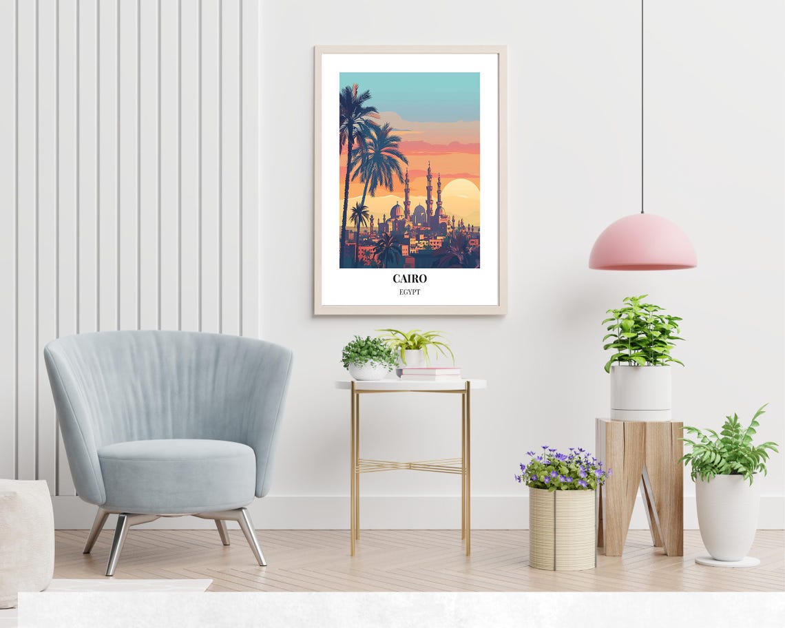 Cairo Egypt Mosque Minarets Sunset Palms Skyline Travel Poster - Image 2