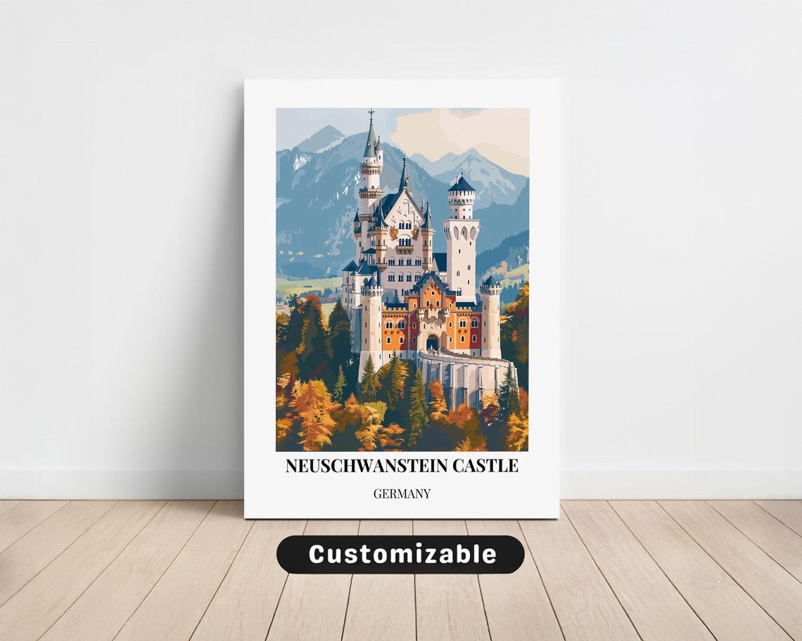 Neuschwanstein Castle Germany Retro Travel Illustration Poster