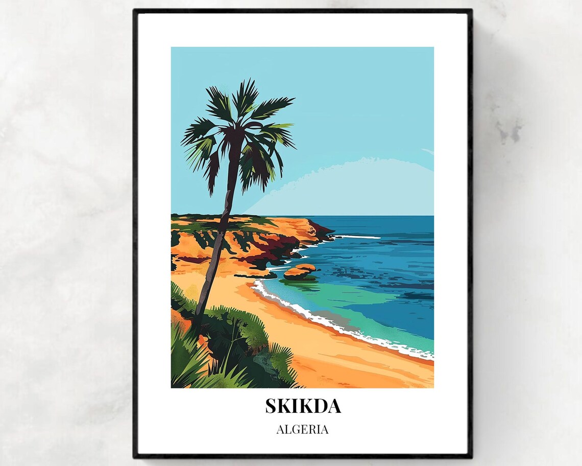Skikda Algeria Golden Sandy Beach Palm Cove Oasis Travel Poster