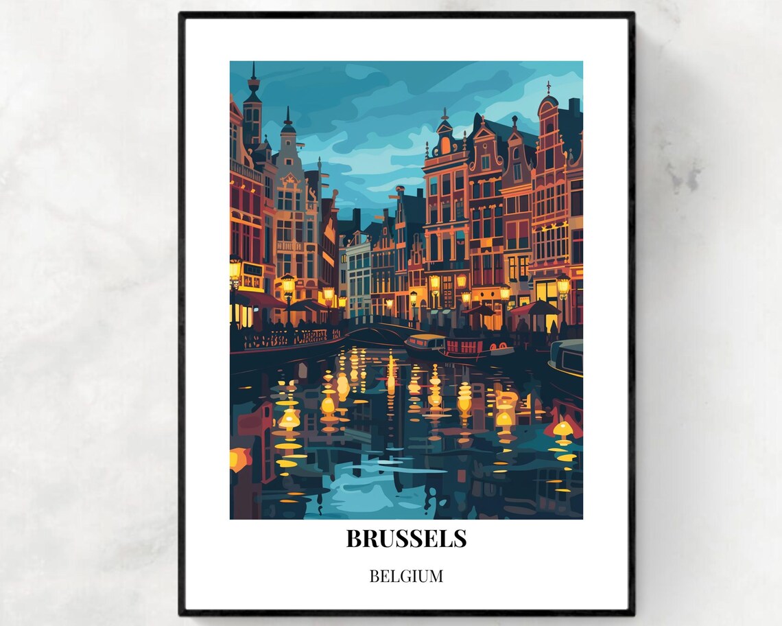 Brussels Belgium Canal Night Lights Old City Vintage Travel Poster
