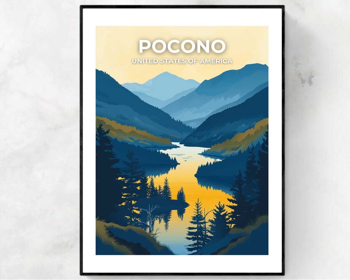 Pocono Mountains USA Lake Golden Sunset Pine Forest Landscape Poster